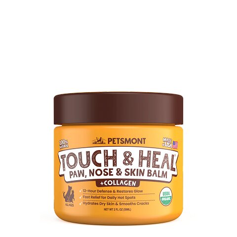 A tin of Petsmont Touch & Heal organic dog paw, nose, and skin balm for dry, cracked skin on a clean background.