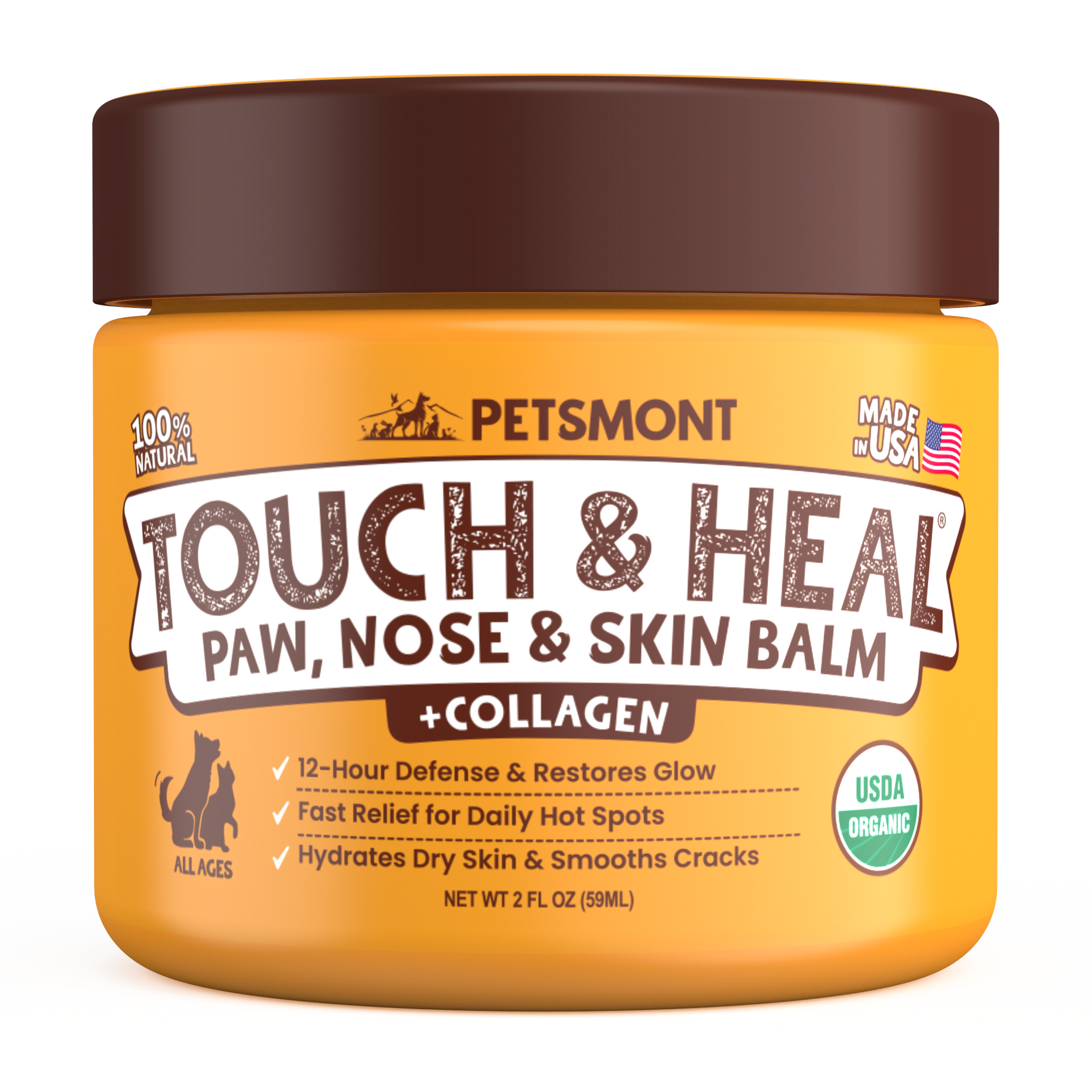 A tin of Petsmont Touch & Heal organic dog paw, nose, and skin balm for dry, cracked skin on a transparent background.
