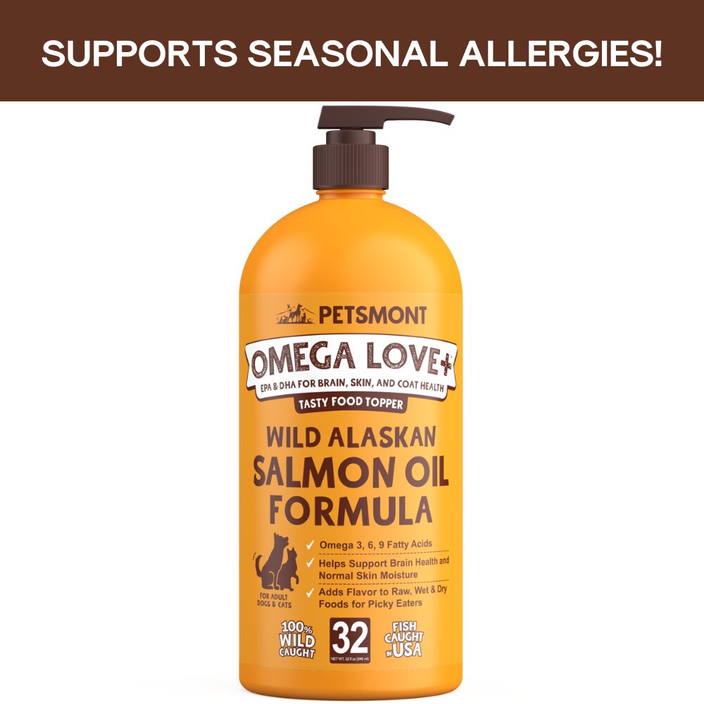 A bottle of Petsmont Omega Love+ wild Alaskan salmon oil for dogs, rich in omega 3, 6, and 9 fatty acids, shown on a clean background.