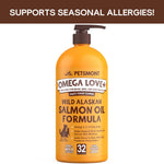 A bottle of Petsmont Omega Love+ wild Alaskan salmon oil for dogs, rich in omega 3, 6, and 9 fatty acids, shown on a clean background.