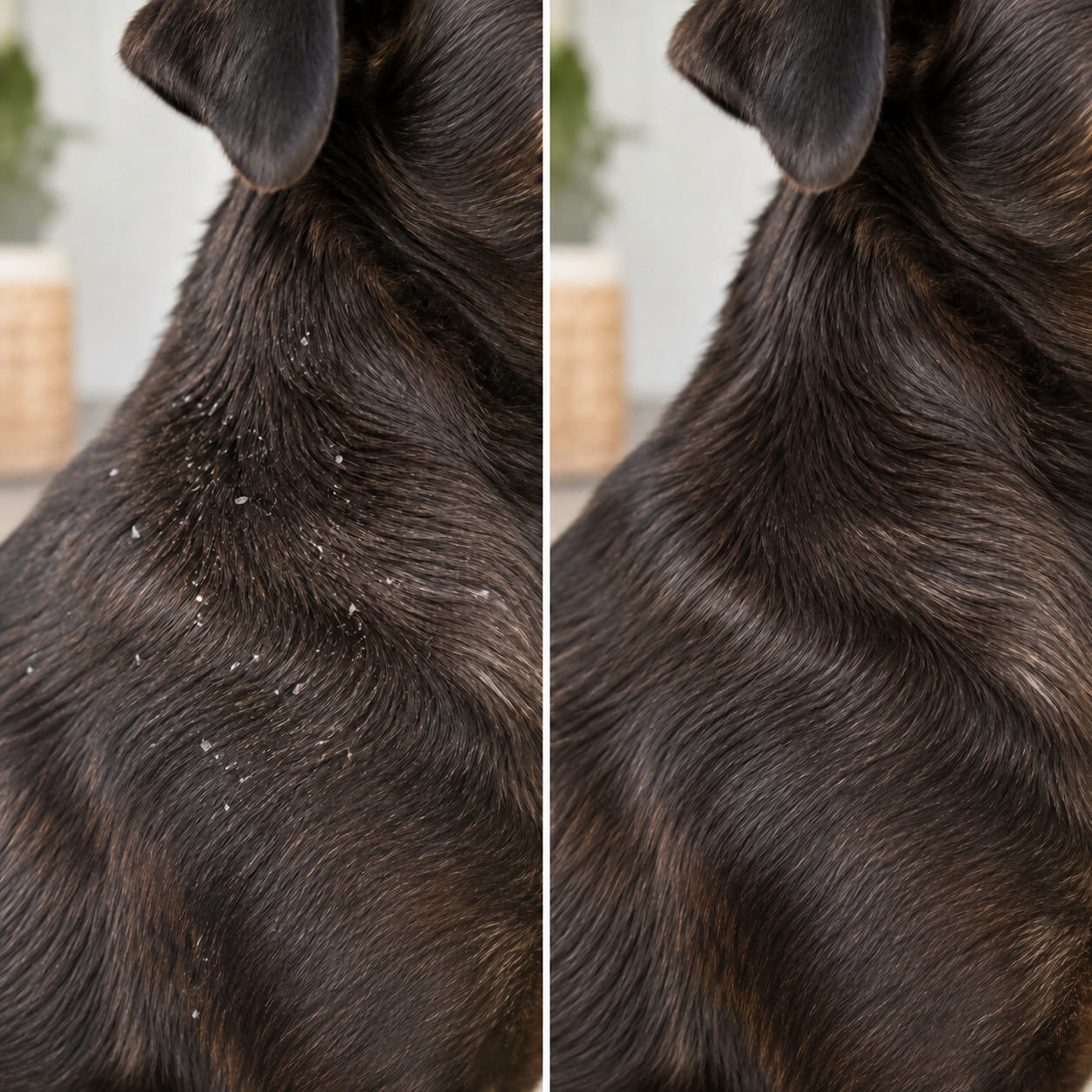Before and after comparison of a dog’s coat