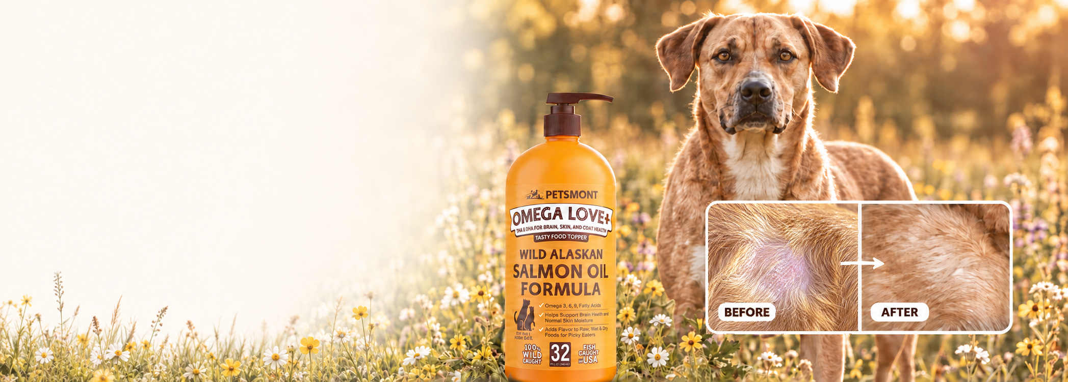 Petsmont Omega Love+ salmon oil bottle beside a dog in a meadow, with a before-and-after skin comparison panel