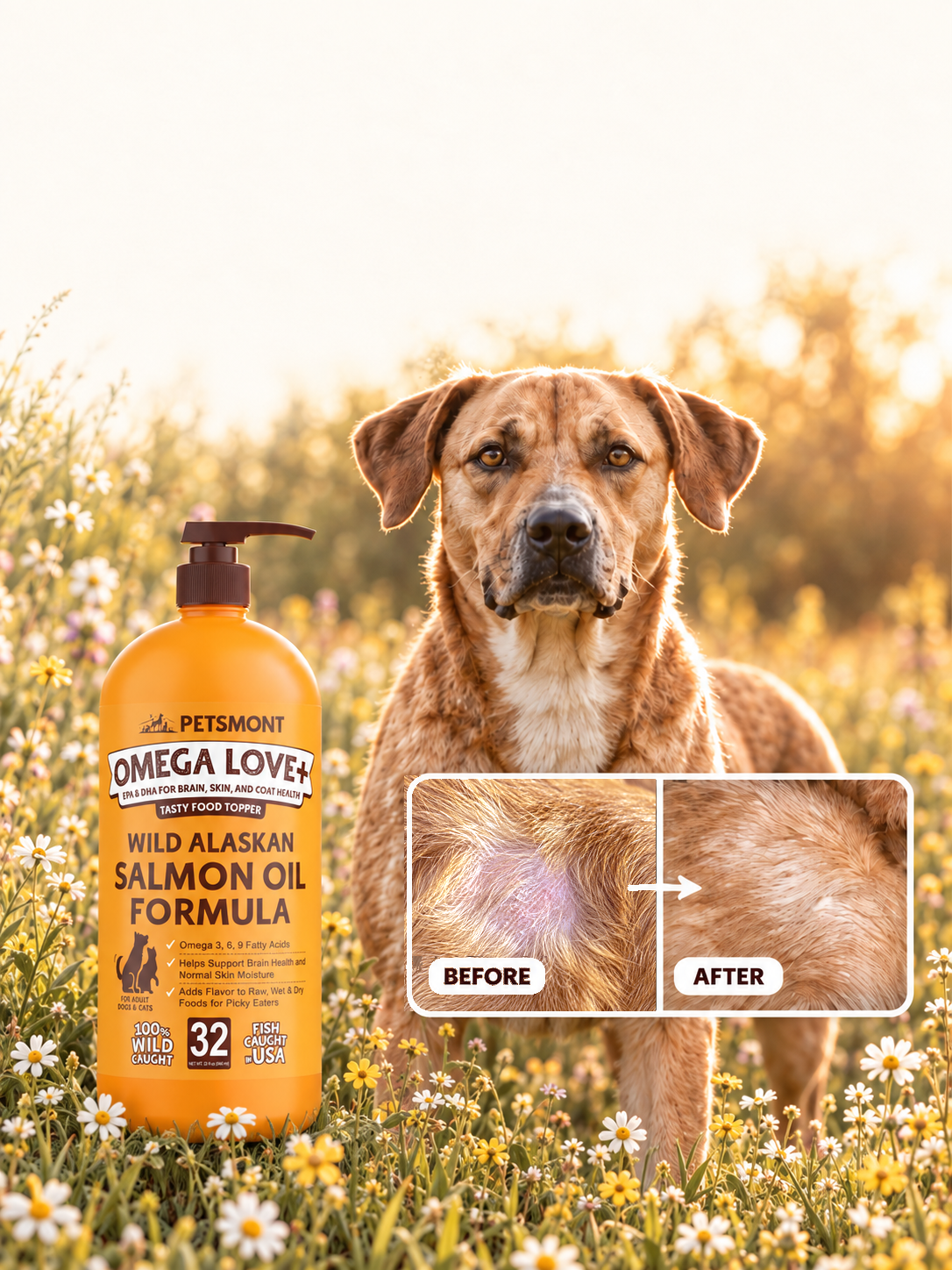 Petsmont Omega Love+ salmon oil bottle beside a dog, with a before-and-after skin comparison panel