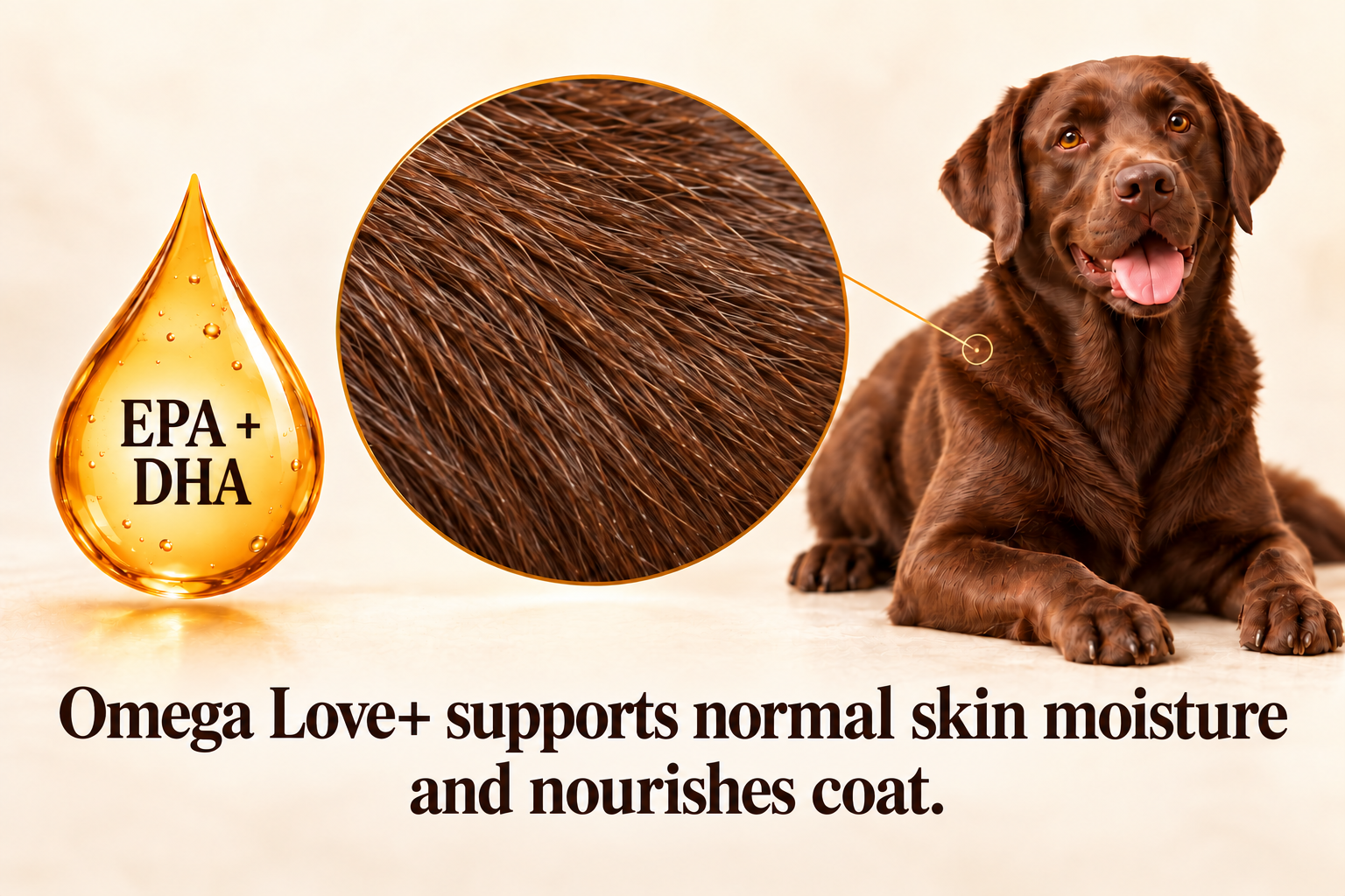Illustration of an EPA and DHA oil drop beside a Labrador and a close-up of its coat.