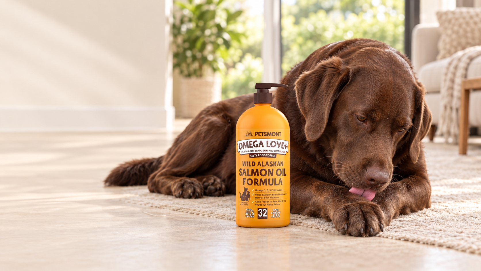 Chocolate Labrador licking its paw beside a bottle of Petsmont Omega Love+