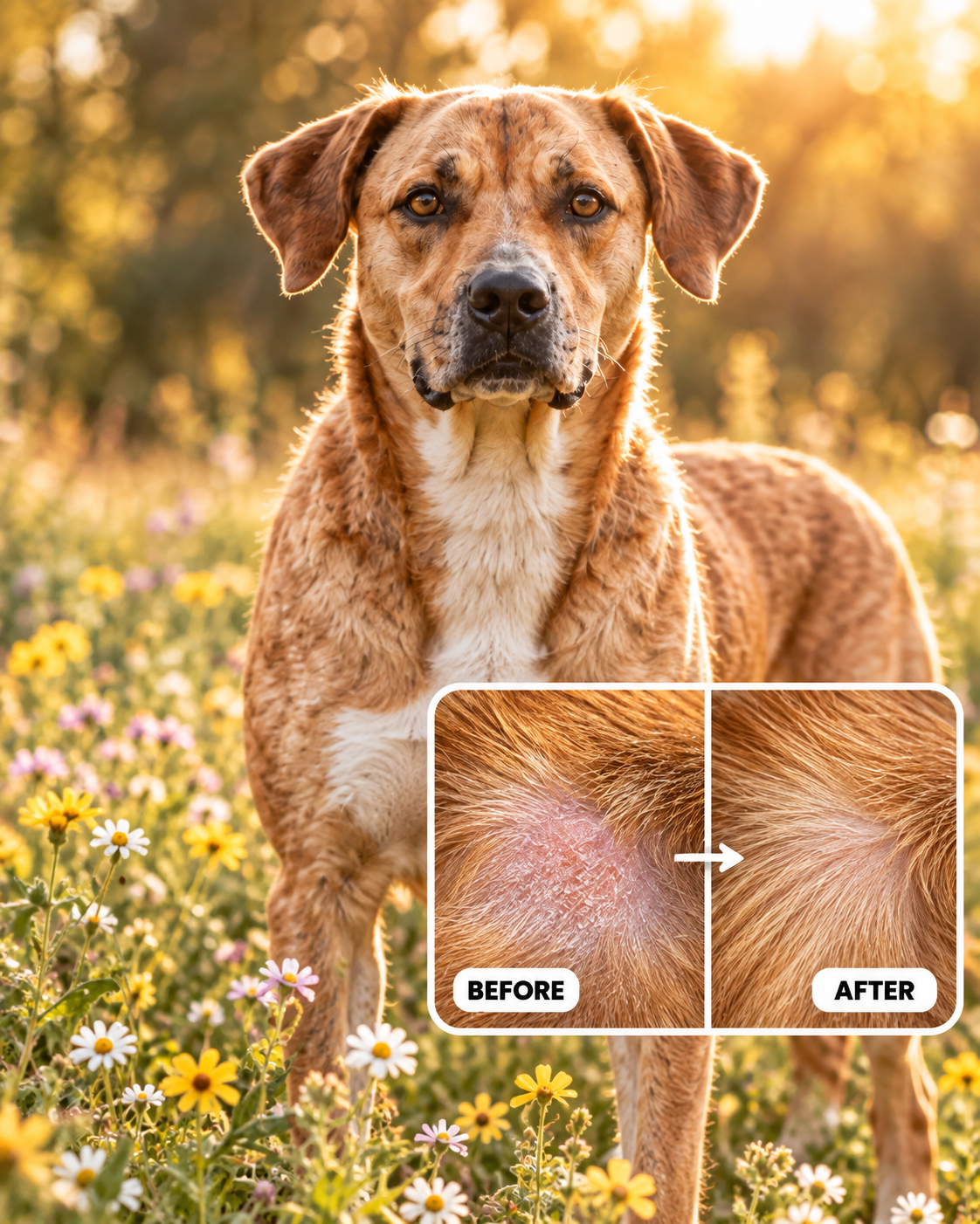 Dog standing in a sunlit wildflower meadow, with a before-and-after skin comparison panel