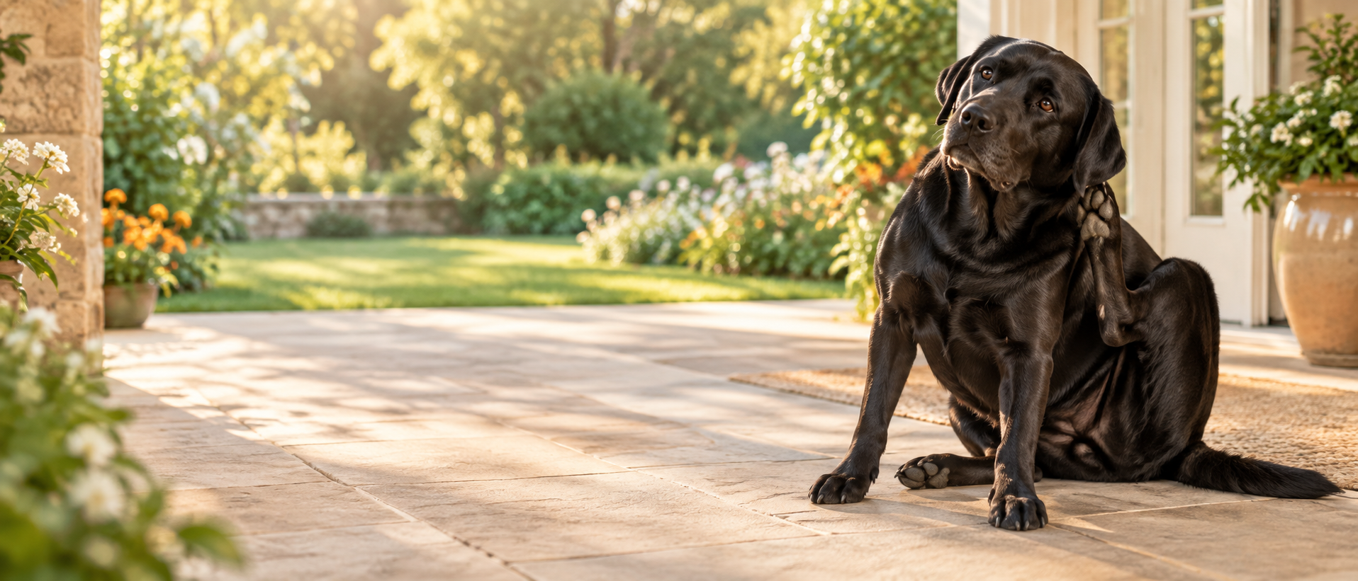 Black Labrador scratching gently on a sunny garden patio