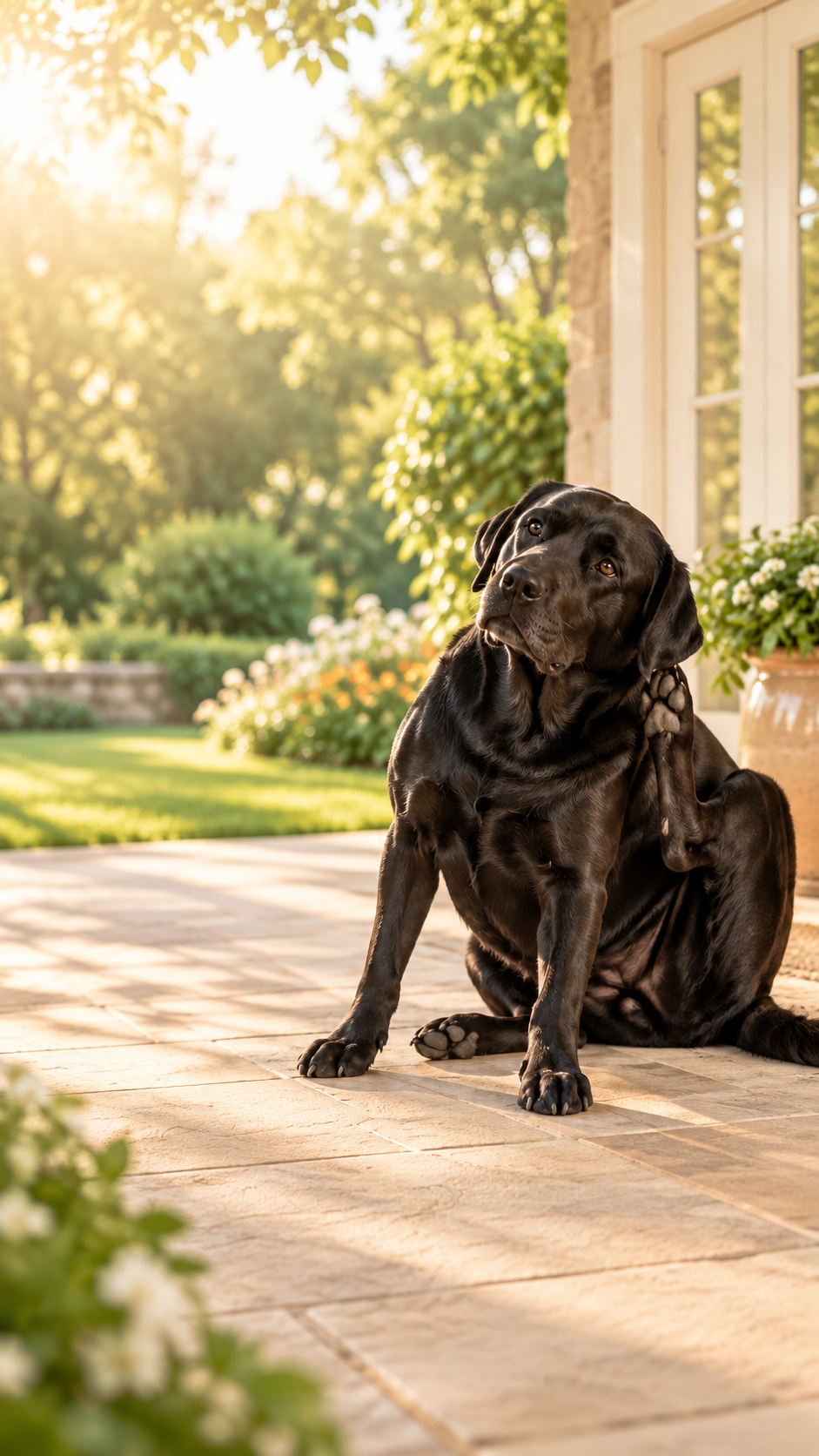 Black Labrador scratching gently on a sunny garden patio