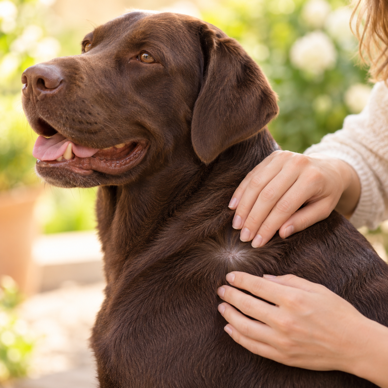 Chocolate Labrador with a soft, healthy-looking coat being checked by its owner